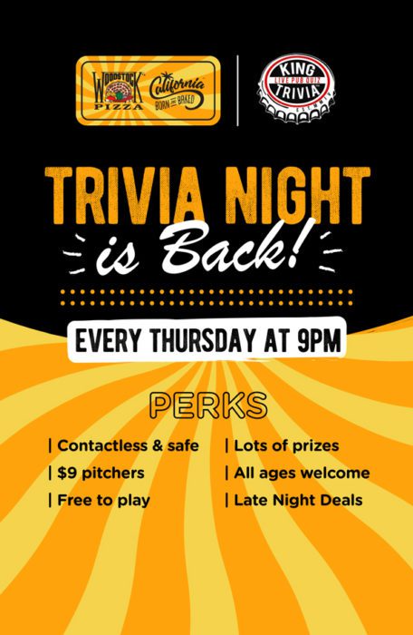 woodstock pizza, davis, trivia thursdays informational poster